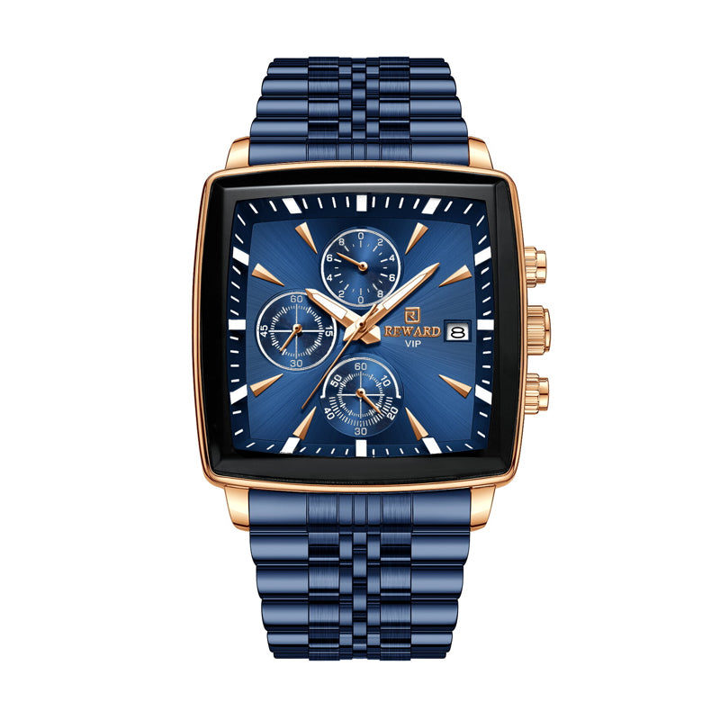 REWARD RD 81100M Quartz Watch - Live Edition Men's Luxury Rectangular Cushion Case Full Chronograph Luminous Hands Date Window Stainless Steel Band Wristwatch