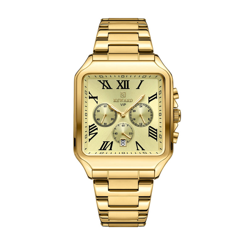 REWARD RD 812265M Quartz Watch - Live Edition Men's Luxury Square Case Full IPG Gold Roman Numerals Chronograph Luminous Hands Date Stainless Steel Band Wristwatch