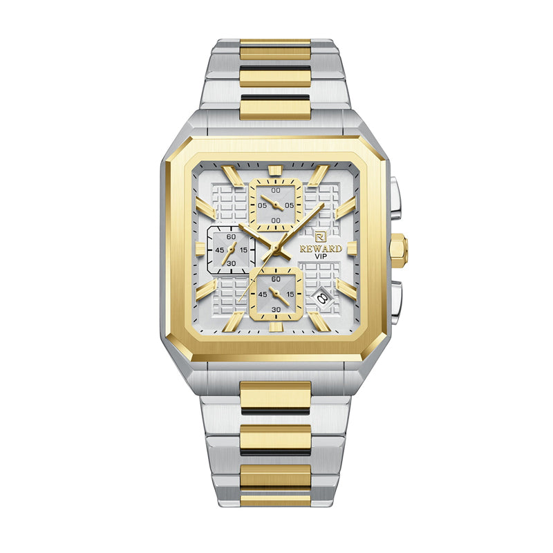 REWARD RD 813149M Quartz Watch - Live Edition Men's Luxury Octagonal Cushion Case Full Chronograph Luminous Hands Date Window Stainless Steel Band Wristwatch