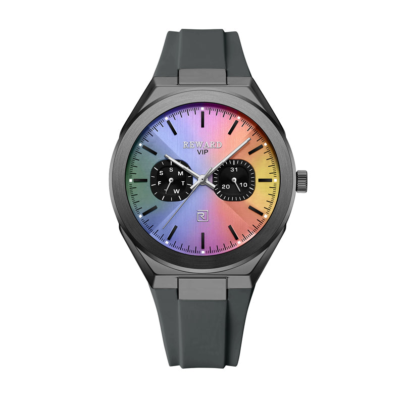 REWARD RD 932106M Quartz Watch - Live Edition Men's Ultra-Slim 8.7mm Case Dual Calendar Sub-Dials Luminous Hands Gradient Rainbow Dial Sport Silicone Strap Wristwatch