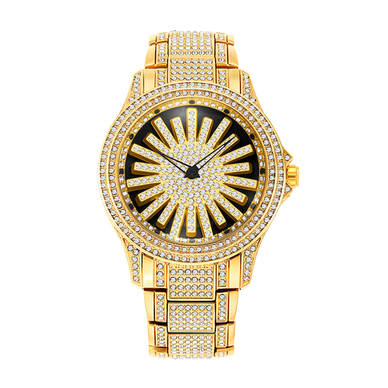 LOOK WORLD RKS1006 Live Edition Men's Iced Out Watch - Luxury Full Crystals Encrusted Bold Case Creative Spinning Sunburst Dial Metal Band Hiphop Wristwatch