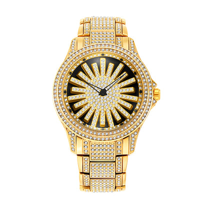 LOOK WORLD RKS1006 Live Edition Men's Iced Out Watch - Luxury Full Crystals Encrusted Bold Case Creative Spinning Sunburst Dial Metal Band Hiphop Wristwatch