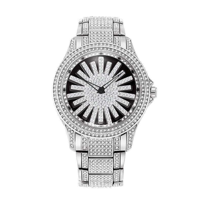 LOOK WORLD RKS1006 Live Edition Men's Iced Out Watch - Luxury Full Crystals Encrusted Bold Case Creative Spinning Sunburst Dial Metal Band Hiphop Wristwatch