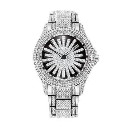 LOOK WORLD RKS1006 Live Edition Men's Iced Out Watch - Luxury Full Crystals Encrusted Bold Case Creative Spinning Sunburst Dial Metal Band Hiphop Wristwatch