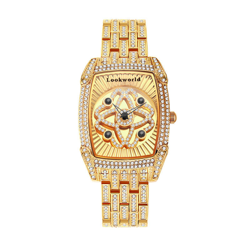 LOOK WORLD RKS1032 Live Edition Men's Iced Out Watch - Luxury Full Crystals Encrusted Tonneau Case Creative Spinning Kinetic Dial Metal Band Hiphop Wristwatch