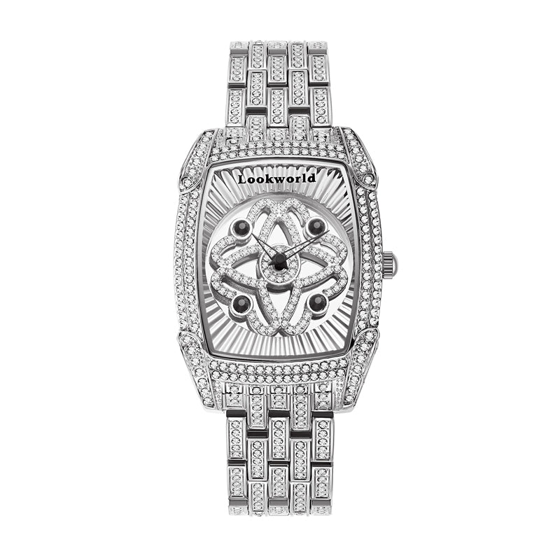 LOOK WORLD RKS1032 Live Edition Men's Iced Out Watch - Luxury Full Crystals Encrusted Tonneau Case Creative Spinning Kinetic Dial Metal Band Hiphop Wristwatch