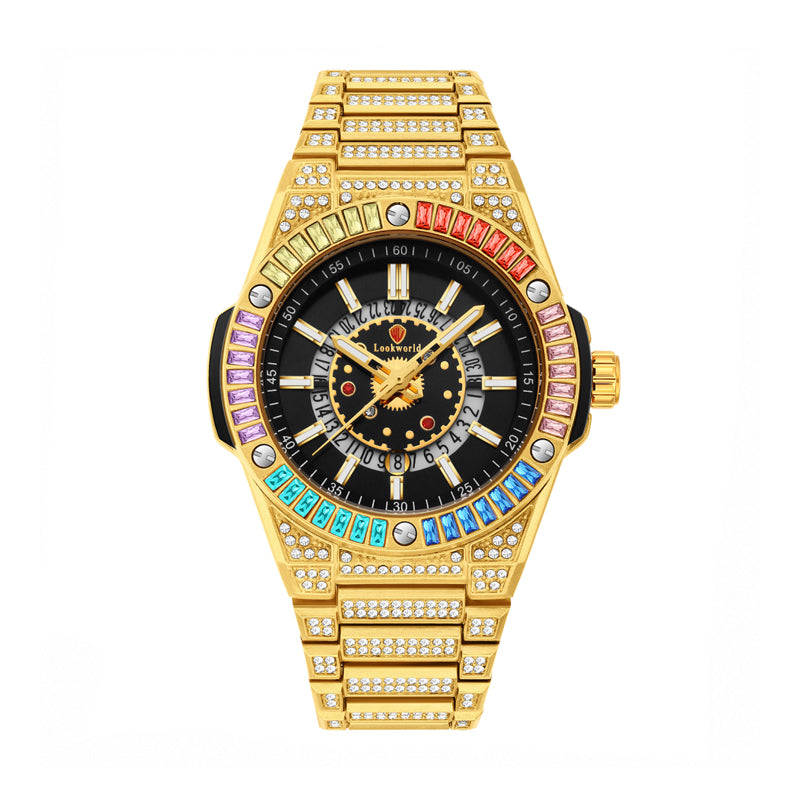 RKS RKS1159 Live Edition Men's Iced Out Watch - Luxury Rainbow Baguette Crystal Bezel Pave Dial Luminous Hands 6H Date Metal Band Hiphop Wristwatch