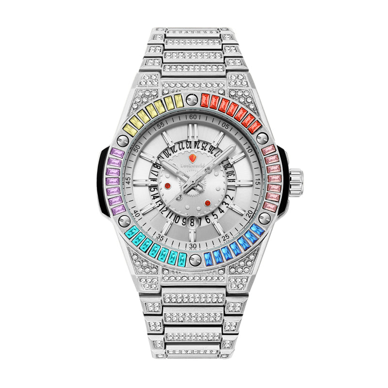 RKS RKS1159 Live Edition Men's Iced Out Watch - Luxury Rainbow Baguette Crystal Bezel Pave Dial Luminous Hands 6H Date Metal Band Hiphop Wristwatch