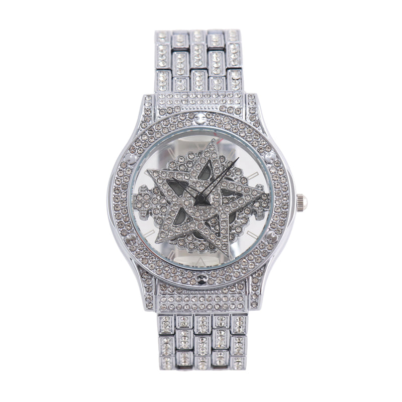 LOOK WORLD RKS245 Live Edition Men's Iced Out Watch - Luxury Full Crystals Encrusted Round Case Creative Spinning Star Dial Metal Band Hiphop Wristwatch