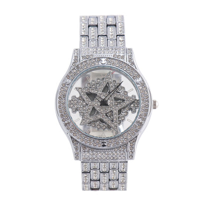 LOOK WORLD RKS245 Live Edition Men's Iced Out Watch - Luxury Full Crystals Encrusted Round Case Creative Spinning Star Dial Metal Band Hiphop Wristwatch