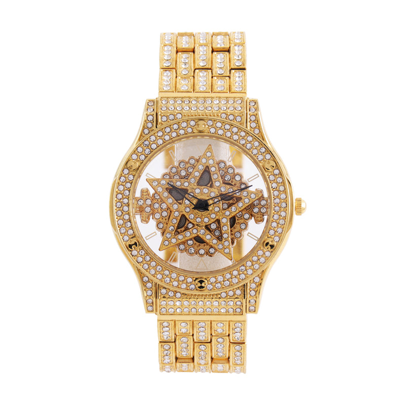LOOK WORLD RKS245 Live Edition Men's Iced Out Watch - Luxury Full Crystals Encrusted Round Case Creative Spinning Star Dial Metal Band Hiphop Wristwatch