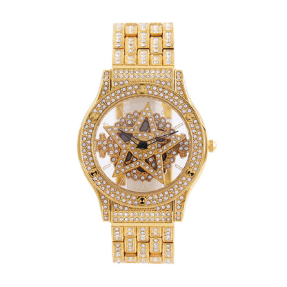 LOOK WORLD RKS245 Live Edition Men's Iced Out Watch - Luxury Full Crystals Encrusted Round Case Creative Spinning Star Dial Metal Band Hiphop Wristwatch