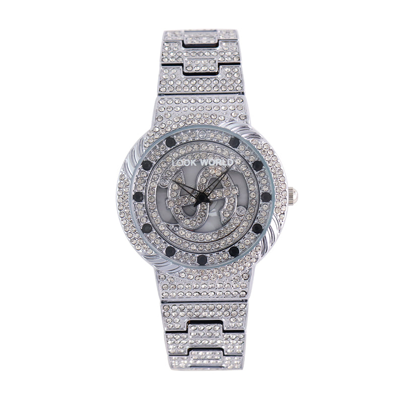 LOOK WORLD RKS257 Live Edition Men's Iced Out Watch - Luxury Full Crystals Encrusted Round Case Creative Spinning Dollar Sign Dial Metal Band Hiphop Wristwatch