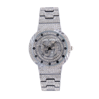 LOOK WORLD RKS257 Live Edition Men's Iced Out Watch - Luxury Full Crystals Encrusted Round Case Creative Spinning Dollar Sign Dial Metal Band Hiphop Wristwatch