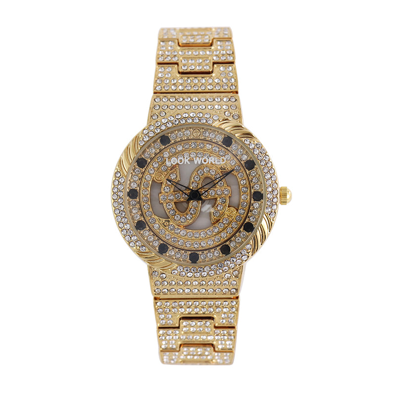 LOOK WORLD RKS257 Live Edition Men's Iced Out Watch - Luxury Full Crystals Encrusted Round Case Creative Spinning Dollar Sign Dial Metal Band Hiphop Wristwatch