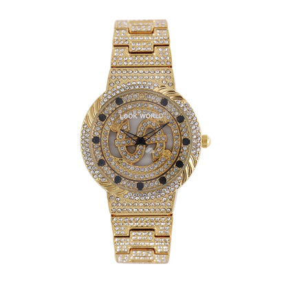 LOOK WORLD RKS257 Live Edition Men's Iced Out Watch - Luxury Full Crystals Encrusted Round Case Creative Spinning Dollar Sign Dial Metal Band Hiphop Wristwatch