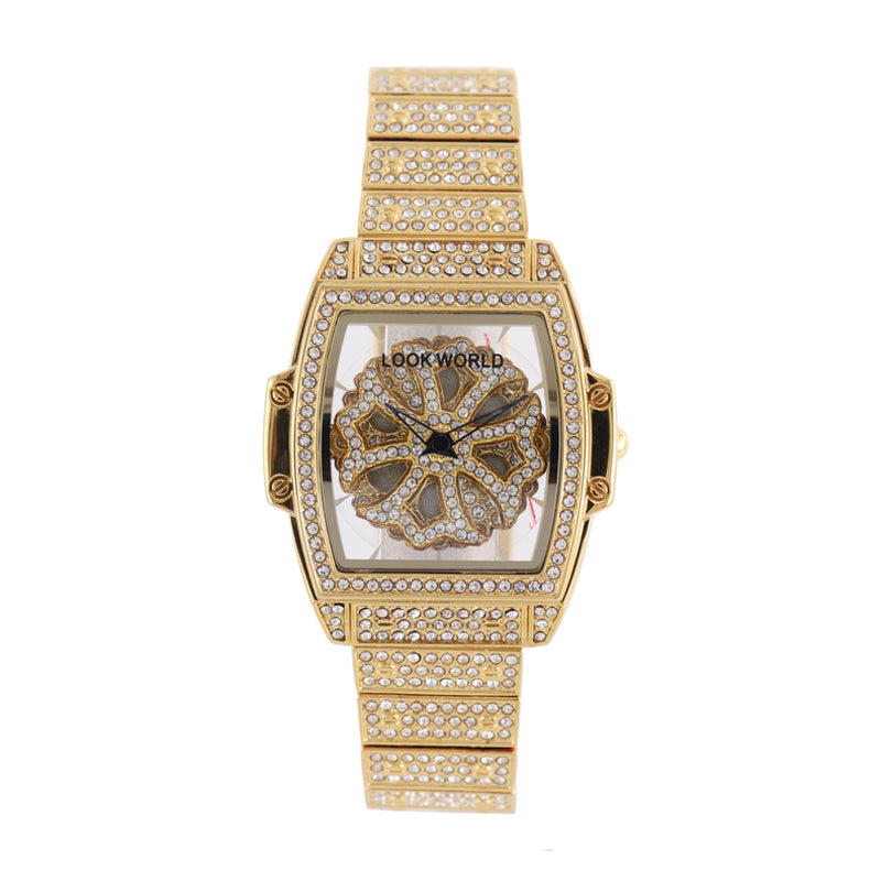 LOOK WORLD RKS267 Live Edition Men's Iced Out Watch - Luxury Full Crystals Encrusted Cushion Case Creative Rotating Spinning Dial Metal Band Hiphop Wristwatch
