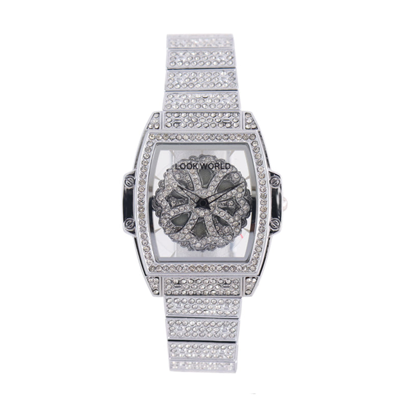 LOOK WORLD RKS267 Live Edition Men's Iced Out Watch - Luxury Full Crystals Encrusted Cushion Case Creative Rotating Spinning Dial Metal Band Hiphop Wristwatch