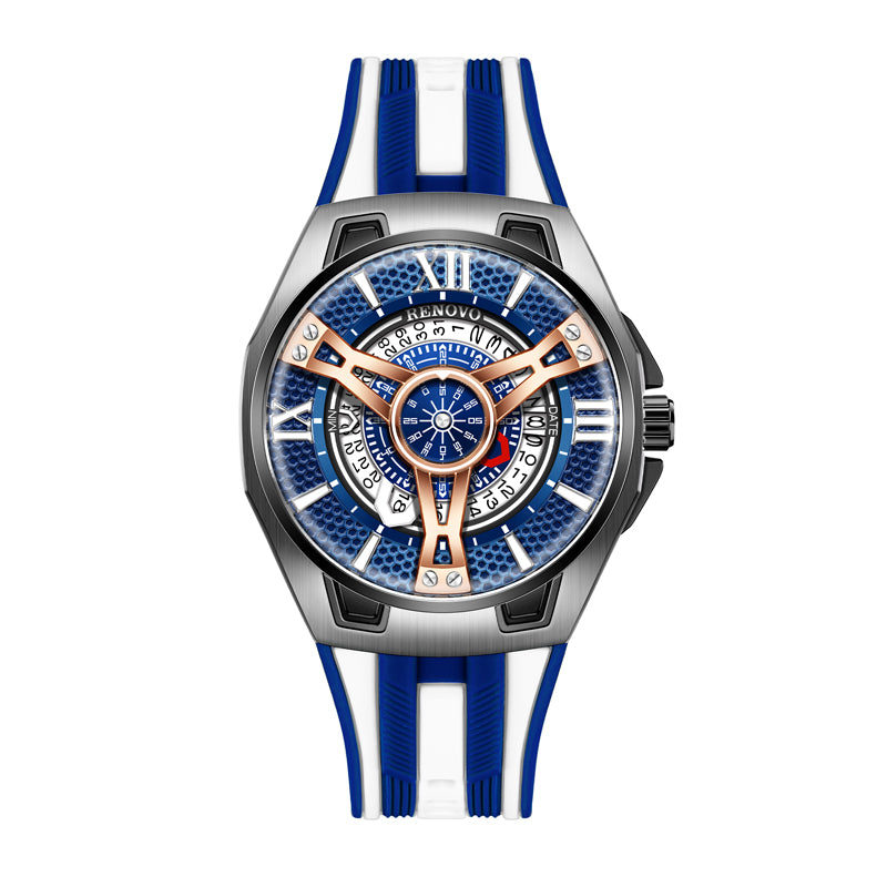 RNV RNV81061 Quartz Watch - Live Edition Men's Heavy Sport 45mm Supercar Wheel Hub Illusion Dial Luminous Facing Racing Stripe Sport Strap Wristwatch