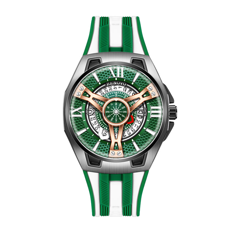 RNV RNV81061 Quartz Watch - Live Edition Men's Heavy Sport 45mm Supercar Wheel Hub Illusion Dial Luminous Facing Racing Stripe Sport Strap Wristwatch