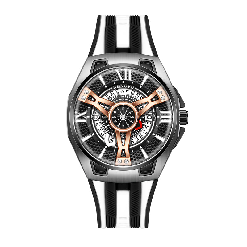 RNV RNV81061 Quartz Watch - Live Edition Men's Heavy Sport 45mm Supercar Wheel Hub Illusion Dial Luminous Facing Racing Stripe Sport Strap Wristwatch