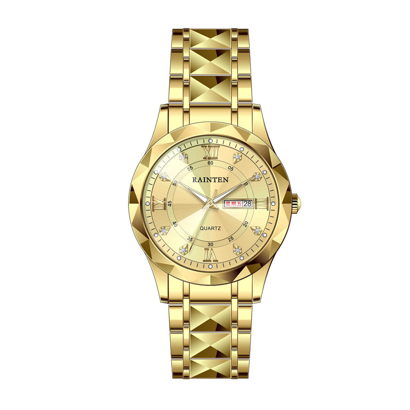 RAINTEN RT718 Quartz Watch - Live Edition Men's Luxury 41mm Slim Case Faceted Diamond-Cut Lens Day-Date Sunburst Crystal Accent Dial 3D Pyramid Steel Link Bracelet Timepiece