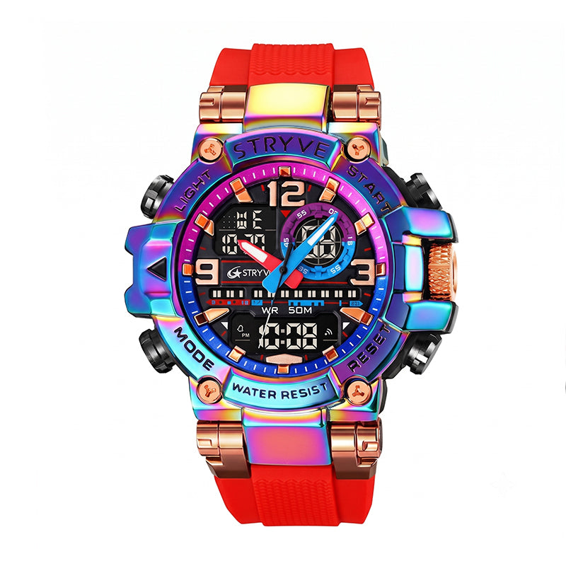 STRYVE S8025 Live Edition Men's Tactical Watch - Cyberpunk Oversized 55mm Armor Case Ana-Digi Dual Time Alarm Chronograph Sport TPU Strap Wristwatch