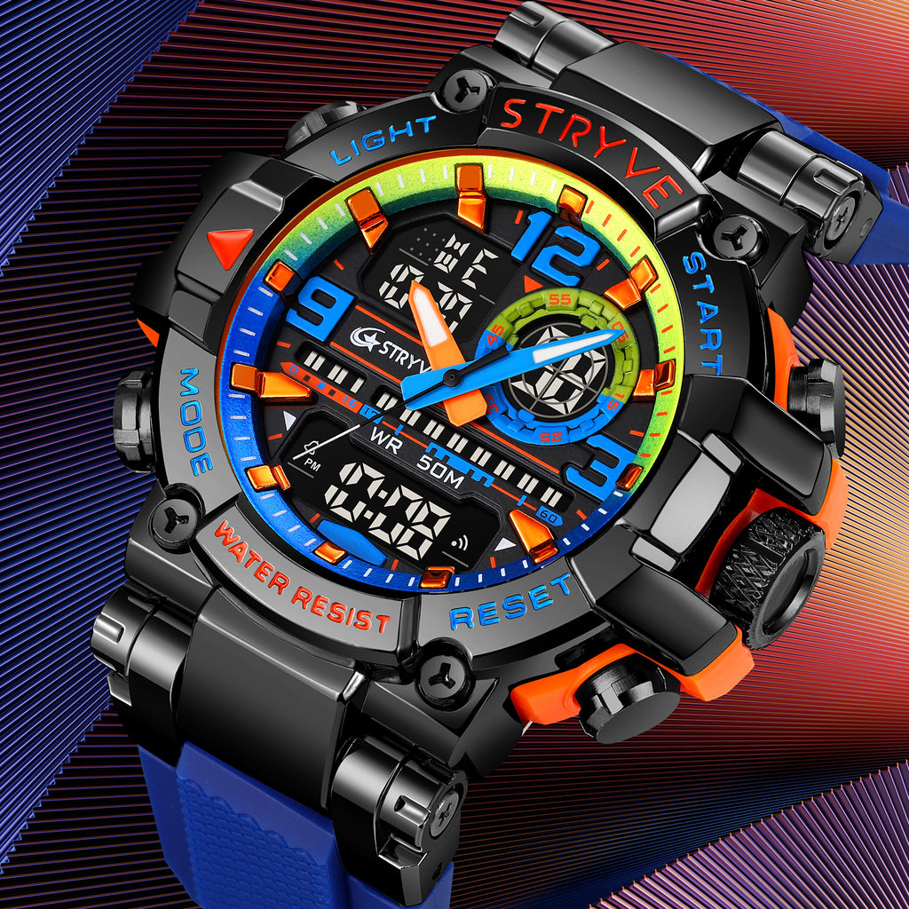 STRYVE S8025 Live Edition Men's Tactical Watch - Cyberpunk Oversized 55mm Armor Case Ana-Digi Dual Time Alarm Chronograph Sport TPU Strap Wristwatch