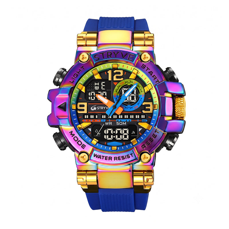 STRYVE S8025 Live Edition Men's Tactical Watch - Cyberpunk Oversized 55mm Armor Case Ana-Digi Dual Time Alarm Chronograph Sport TPU Strap Wristwatch