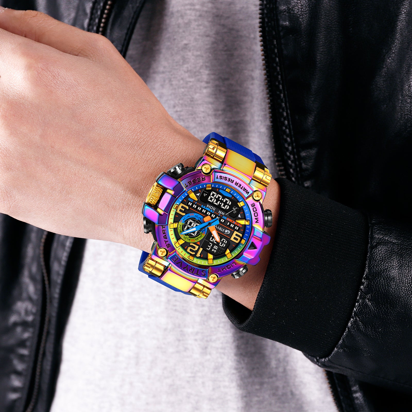 STRYVE S8025 Live Edition Men's Tactical Watch - Cyberpunk Oversized 55mm Armor Case Ana-Digi Dual Time Alarm Chronograph Sport TPU Strap Wristwatch