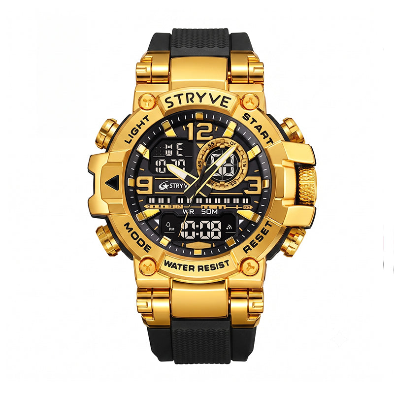 STRYVE S8025 Live Edition Men's Tactical Watch - Cyberpunk Oversized 55mm Armor Case Ana-Digi Dual Time Alarm Chronograph Sport TPU Strap Wristwatch