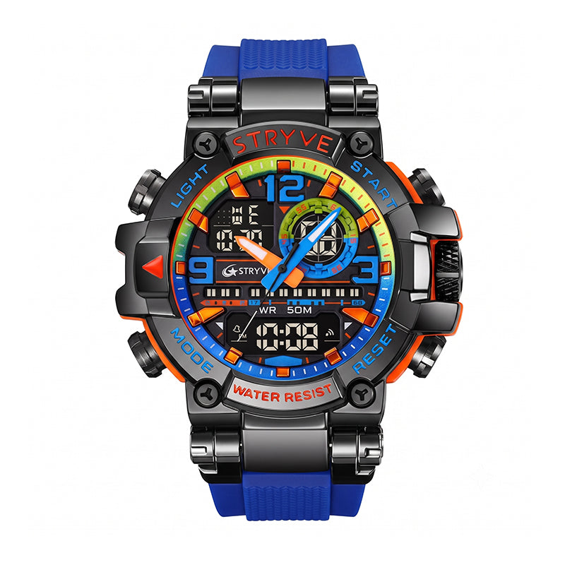 STRYVE S8025 Live Edition Men's Tactical Watch - Cyberpunk Oversized 55mm Armor Case Ana-Digi Dual Time Alarm Chronograph Sport TPU Strap Wristwatch