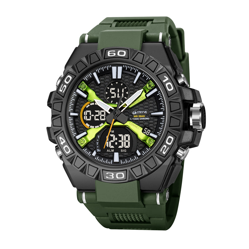 STRYVE S8026 Live Edition Men's Tactical Dual Display Ana-Digi Sport Watch - 52mm Heavy-Duty Case 50M Waterproof Dual Time EL Backlight TPU Strap Wristwatch