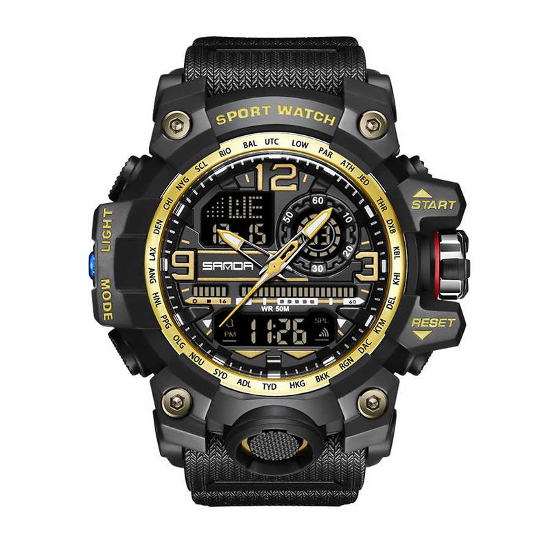 SANDA SD3133 Live Edition Men's Tactical Dual Display Ana-Digi Sport Watch - 56mm Rugged ABS Case 5ATM Waterproof Dual Time Stopwatch Multi-Function TPU Strap Wristwatch