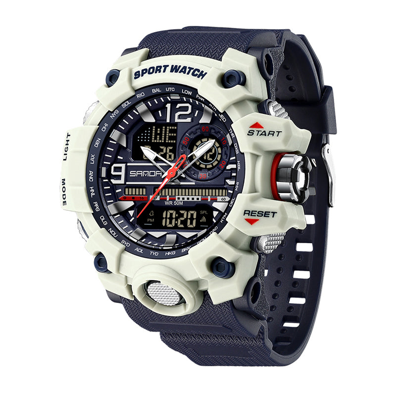 SANDA SD3133 Live Edition Men's Tactical Dual Display Ana-Digi Sport Watch - 56mm Rugged ABS Case 5ATM Waterproof Dual Time Stopwatch Multi-Function TPU Strap Wristwatch