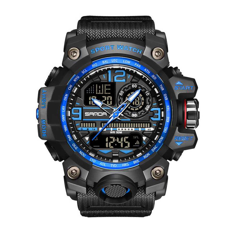 SANDA SD3133 Live Edition Men's Tactical Dual Display Ana-Digi Sport Watch - 56mm Rugged ABS Case 5ATM Waterproof Dual Time Stopwatch Multi-Function TPU Strap Wristwatch