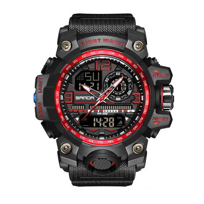 SANDA SD3133 Live Edition Men's Tactical Dual Display Ana-Digi Sport Watch - 56mm Rugged ABS Case 5ATM Waterproof Dual Time Stopwatch Multi-Function TPU Strap Wristwatch