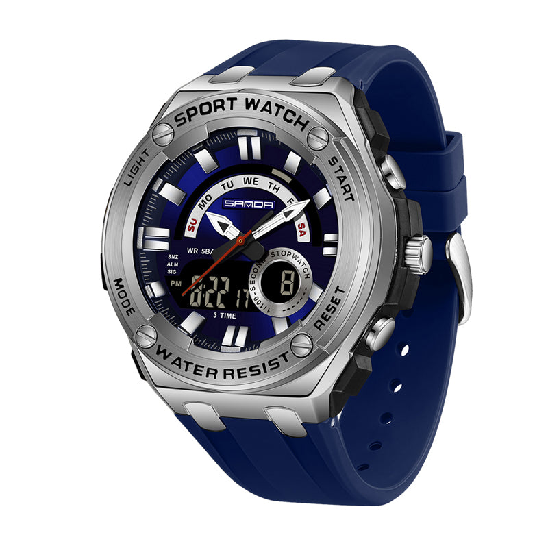 SANDA SD3190 Live Edition Men's Tactical Dual Display Ana-Digi Sport Watch - 54mm Octagonal Bezel ABS & Zinc Alloy Case 5ATM Waterproof Triple Time Multi-Function TPU Strap Wristwatch