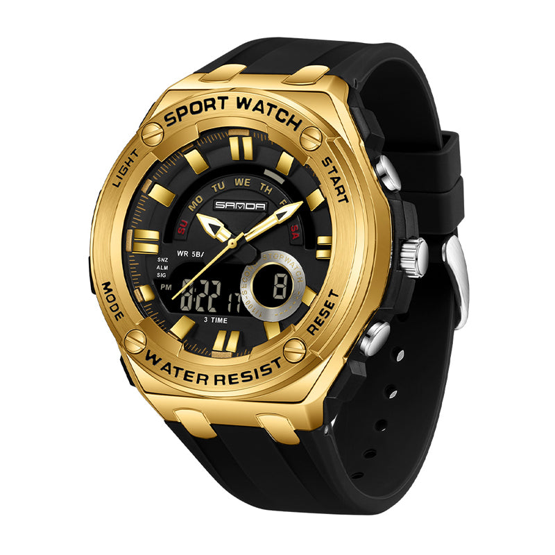 SANDA SD3190 Live Edition Men's Tactical Dual Display Ana-Digi Sport Watch - 54mm Octagonal Bezel ABS & Zinc Alloy Case 5ATM Waterproof Triple Time Multi-Function TPU Strap Wristwatch