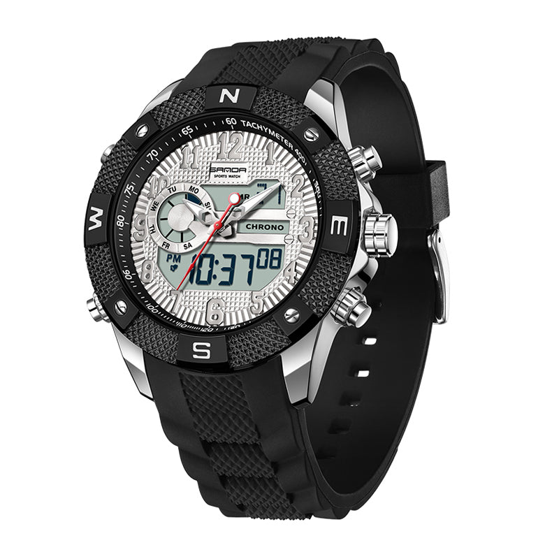 SANDA SD3308 Live Edition Men's Tactical Dual Display Ana-Digi Sport Watch - 52.5mm Zinc Alloy Case 5ATM Waterproof Dual Time Multi-Function Silicone Strap Wristwatch
