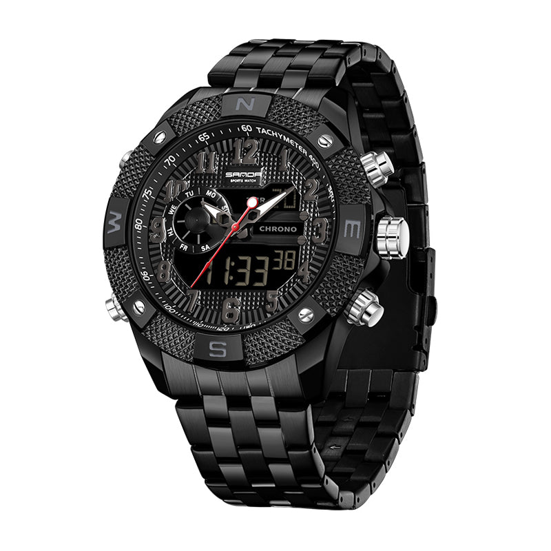 SANDA SD3308 Live Edition Men's Tactical Dual Display Ana-Digi Sport Watch - 52.5mm Zinc Alloy Case 5ATM Waterproof Dual Time Multi-Function Silicone Strap Wristwatch