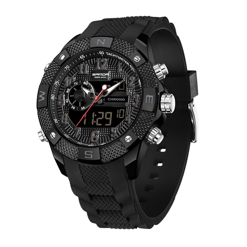 SANDA SD3308 Live Edition Men's Tactical Dual Display Ana-Digi Sport Watch - 52.5mm Zinc Alloy Case 5ATM Waterproof Dual Time Multi-Function Silicone Strap Wristwatch