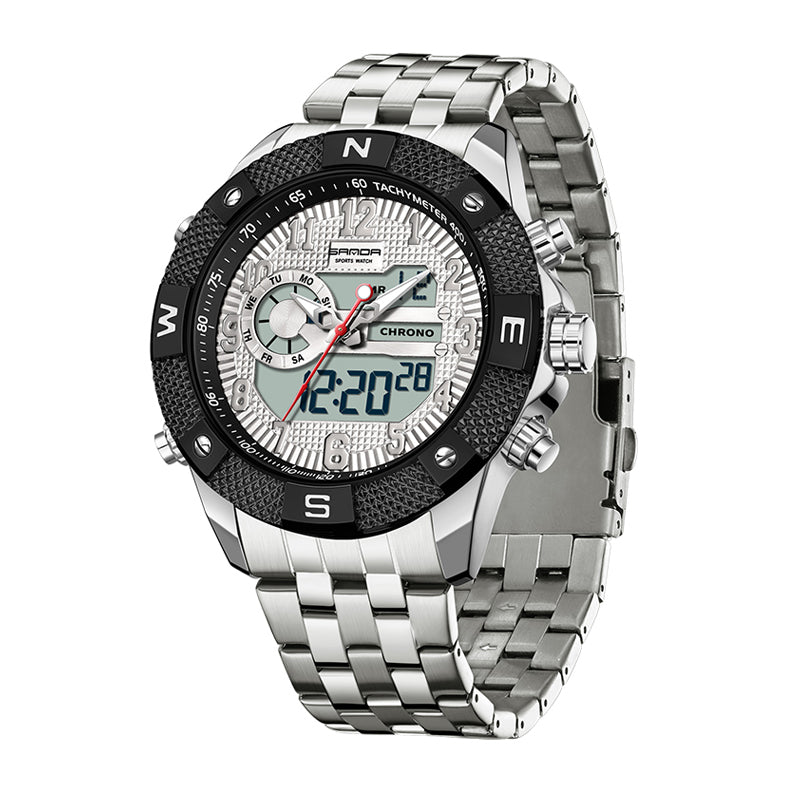 SANDA SD3308 Live Edition Men's Tactical Dual Display Ana-Digi Sport Watch - 52.5mm Zinc Alloy Case 5ATM Waterproof Dual Time Multi-Function Silicone Strap Wristwatch