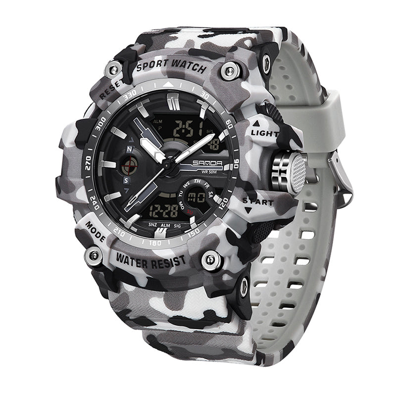 SANDA SD3355 Live Edition Men's Camouflage Tactical Dual Display Ana-Digi Sport Watch - 53mm Rugged ABS Case 5ATM Waterproof Stopwatch Multi-Function TPU Strap Wristwatch
