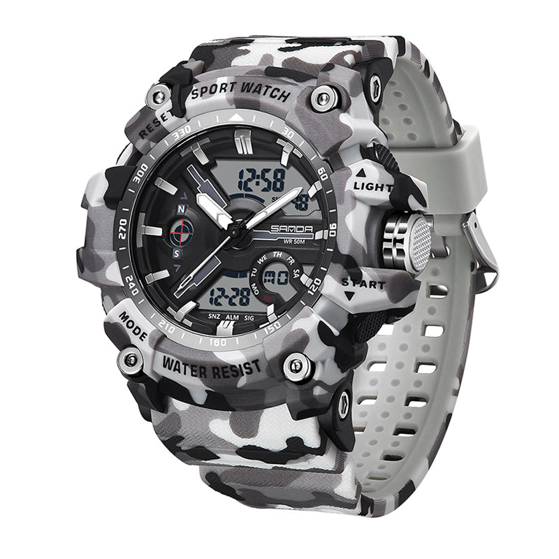SANDA SD3355 Live Edition Men's Camouflage Tactical Dual Display Ana-Digi Sport Watch - 53mm Rugged ABS Case 5ATM Waterproof Stopwatch Multi-Function TPU Strap Wristwatch