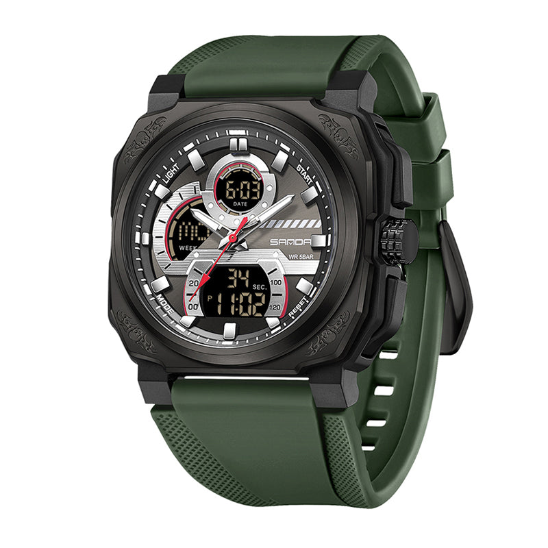 SANDA SD3356 Live Edition Men's Tactical Dual Display Ana-Digi Sport Watch - 48mm Steel Shield ABS Case 5ATM Waterproof Triple Time Multi-Function Rubber Strap Wristwatch