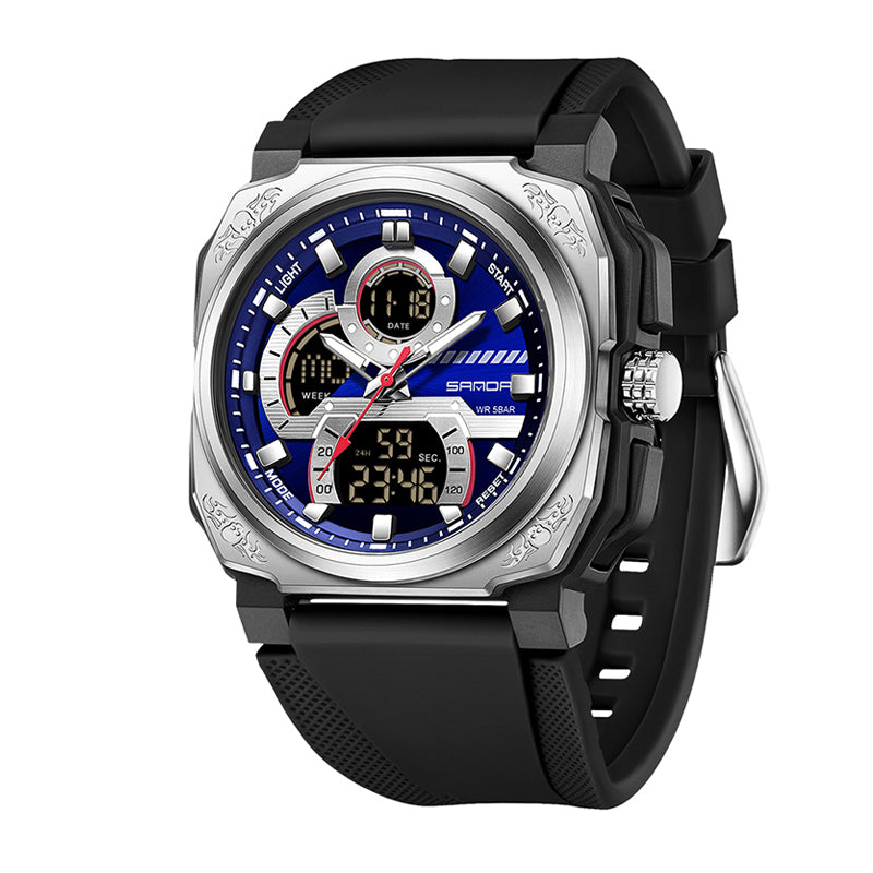 SANDA SD3356 Live Edition Men's Tactical Dual Display Ana-Digi Sport Watch - 48mm Steel Shield ABS Case 5ATM Waterproof Triple Time Multi-Function Rubber Strap Wristwatch