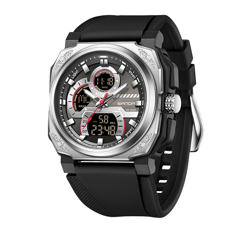 SANDA SD3356 Live Edition Men's Tactical Dual Display Ana-Digi Sport Watch - 48mm Steel Shield ABS Case 5ATM Waterproof Triple Time Multi-Function Rubber Strap Wristwatch