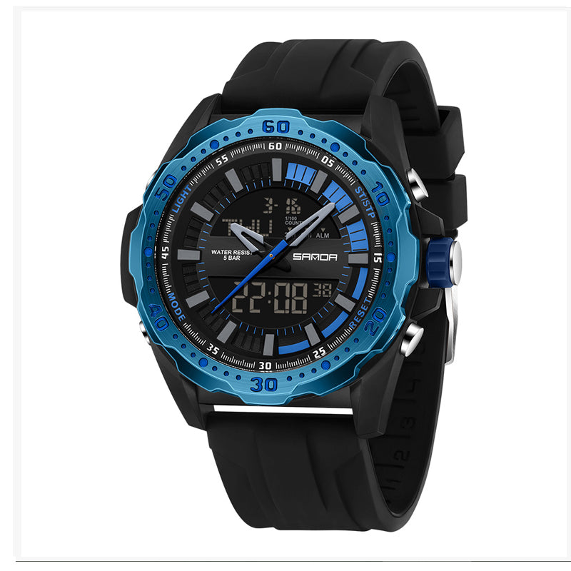 SANDA SD3373 Live Edition Men's Tactical Dual Display Ana-Digi Sport Watch - 52mm Rugged ABS Case 5ATM Waterproof Triple Time Multi-Function Silicone Strap Wristwatch