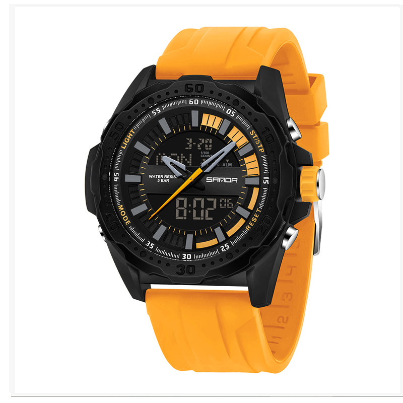 SANDA SD3373 Live Edition Men's Tactical Dual Display Ana-Digi Sport Watch - 52mm Rugged ABS Case 5ATM Waterproof Triple Time Multi-Function Silicone Strap Wristwatch
